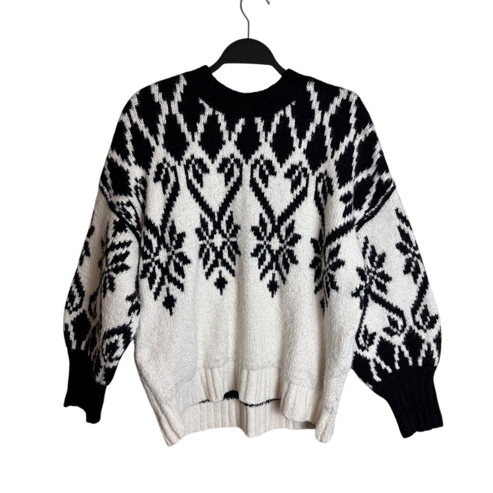 Free People Sweater Black White Women XS Nordic Fair Isle Crewneck Chunky Knit